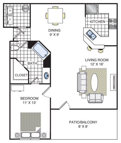 1 bedroom 1 bath The Cedar Floor Plan - Bridge Pointe Apartments 1 bedroom 1 bath The Cedar Floor Plan - Bridge Pointe Apartments